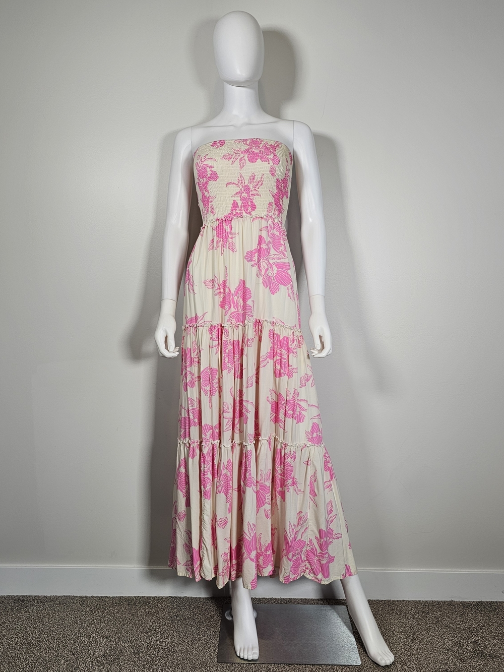 Abel the Label Cream Strapless Maxi Dress with Pink Floral Print Sz XS